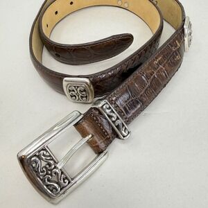 Vintage Brighton Brown Croc Embossed Woven Leather Belt Silver Scroll Buckle